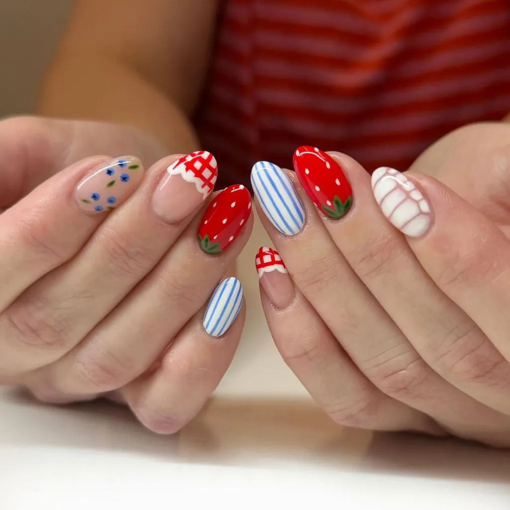 Strawberry gingham and blue stripe nail art August nails color 2026 ideas for cute summer nails