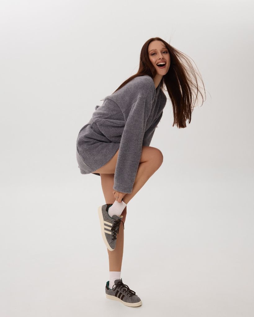 Grey oversized knit sweater dress with Adidas sneakers