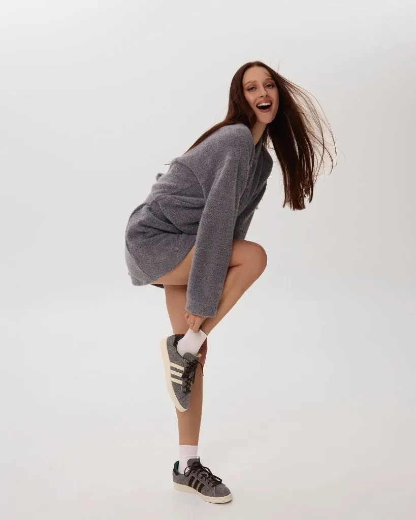 Grey oversized knit sweater dress with Adidas sneakers