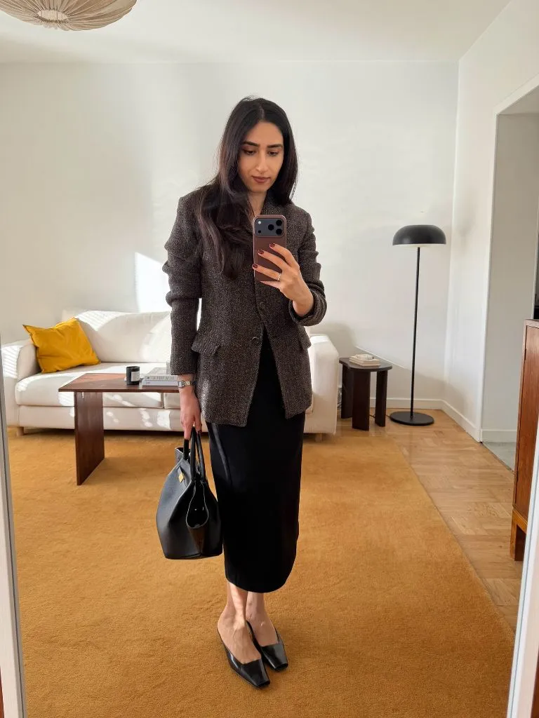 Tweed blazer with black midi skirt and pointed mules