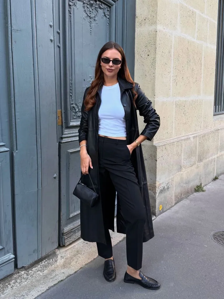 Fall professional outfit leather trench coat white crop top black trousers loafers