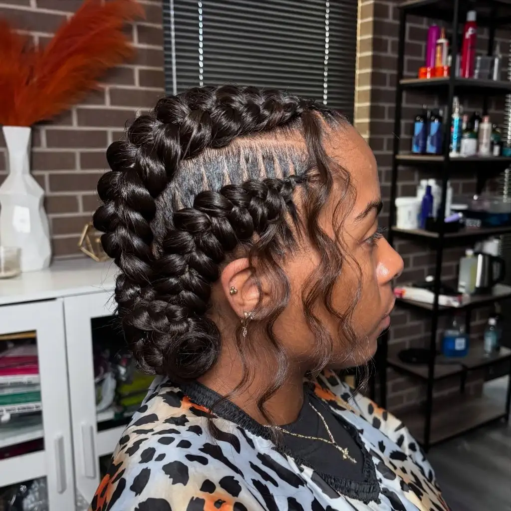 Butterfly Braids Hairstyle Stitch Braids Swept into a Low Textured Bun with Face-Framing Waves