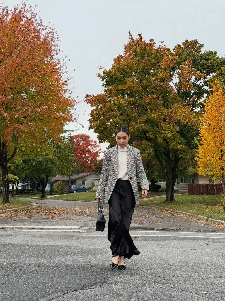 Blazer and satin skirt fall outfit