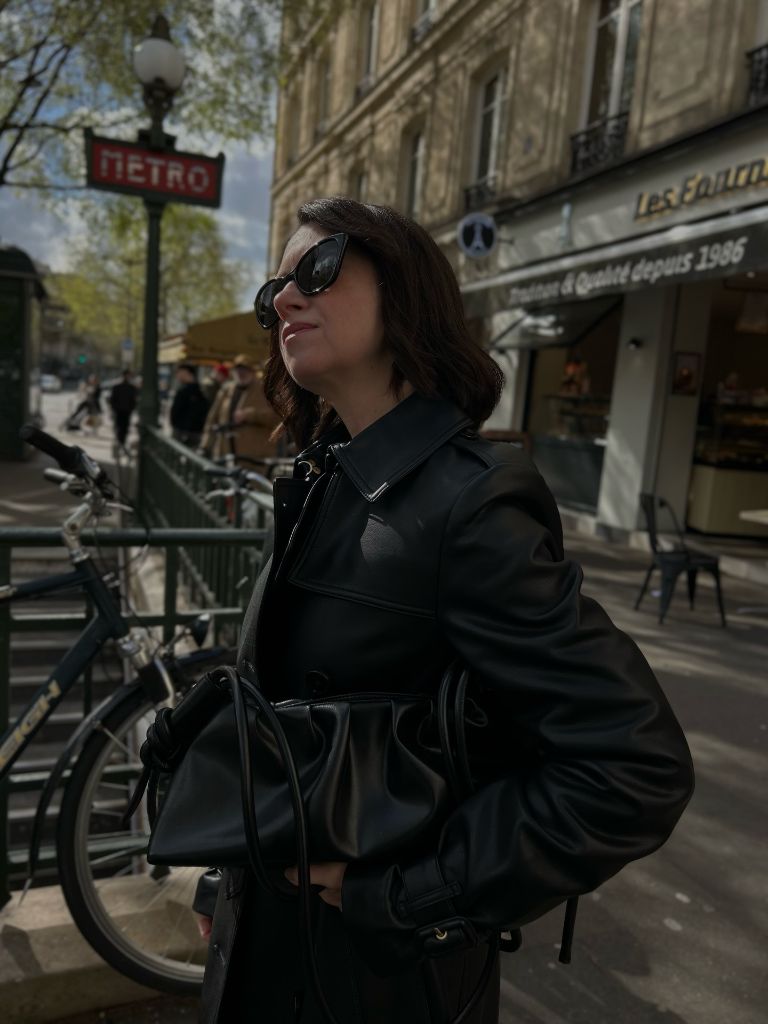 Early fall all-black leather outfit near Paris Metro
