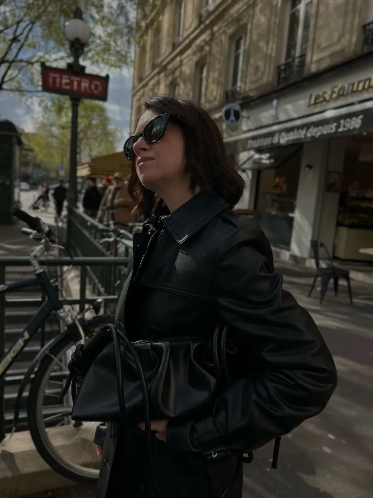 Early fall all-black leather outfit near Paris Metro