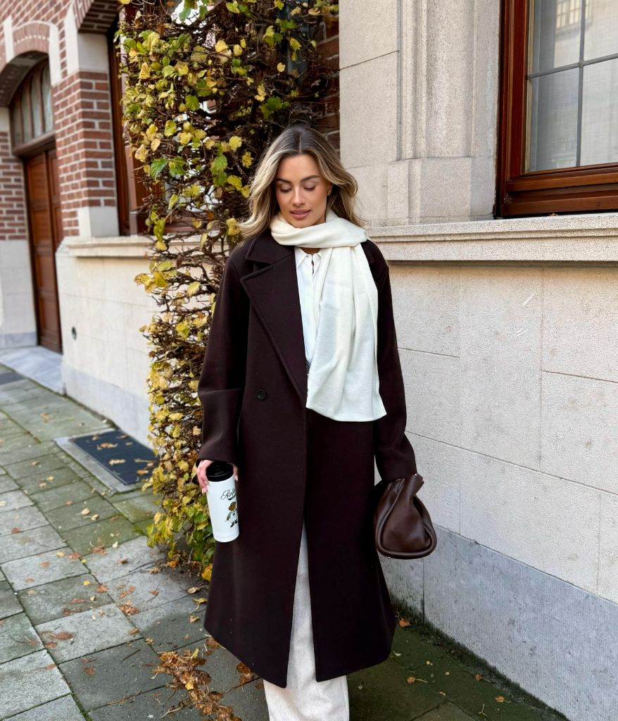 Fall outfit with deep chocolate brown coat and cream layers