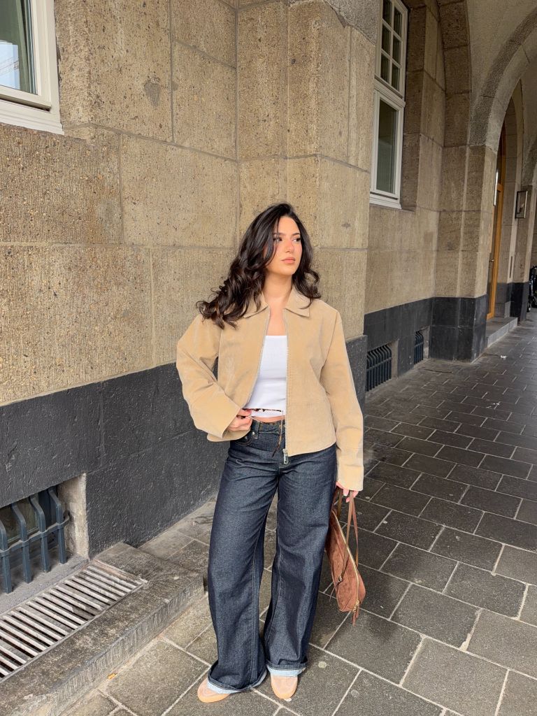 Camel jacket with wide-leg jeans