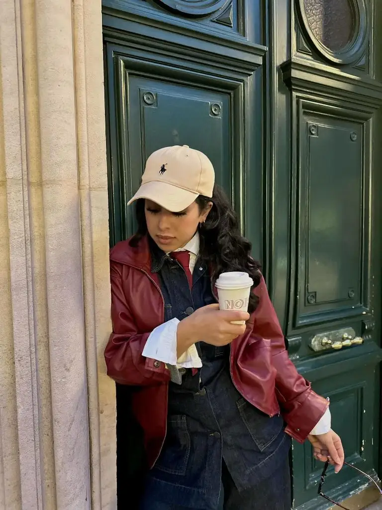 Burgundy leather jacket with denim jumpsuit and Ralph Lauren cap