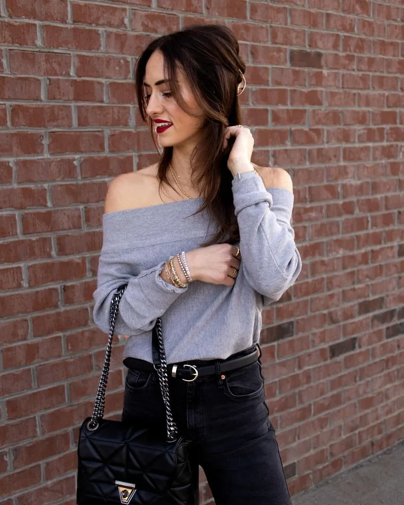 Fall Date Night Outfit - Grey Off-Shoulder Sweater Close-Up with Gold Accessories