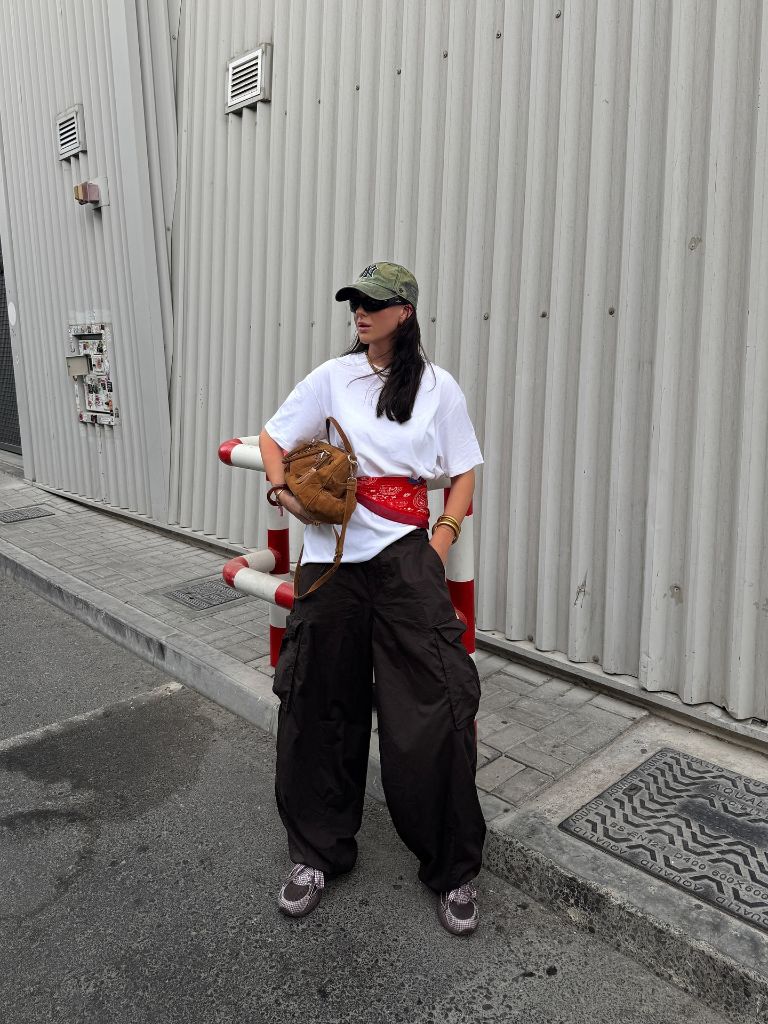 Casual cargo outfit with cap and bandana