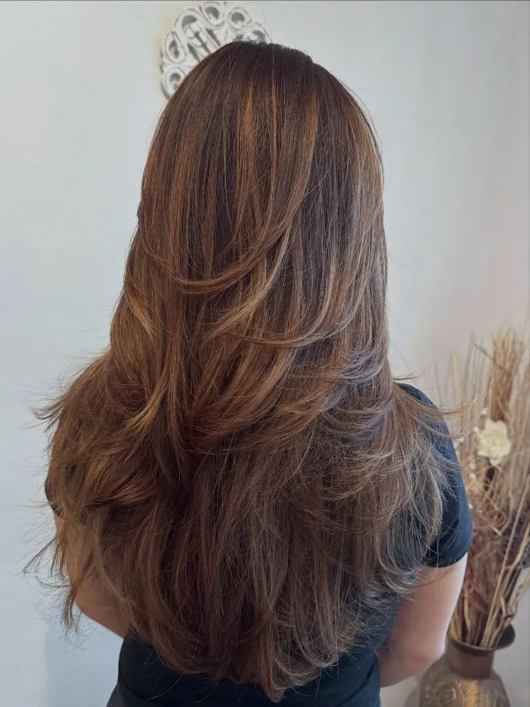 Fall Medium Haircuts 2026 Long Brunette Layers with Warm Caramel Dimension