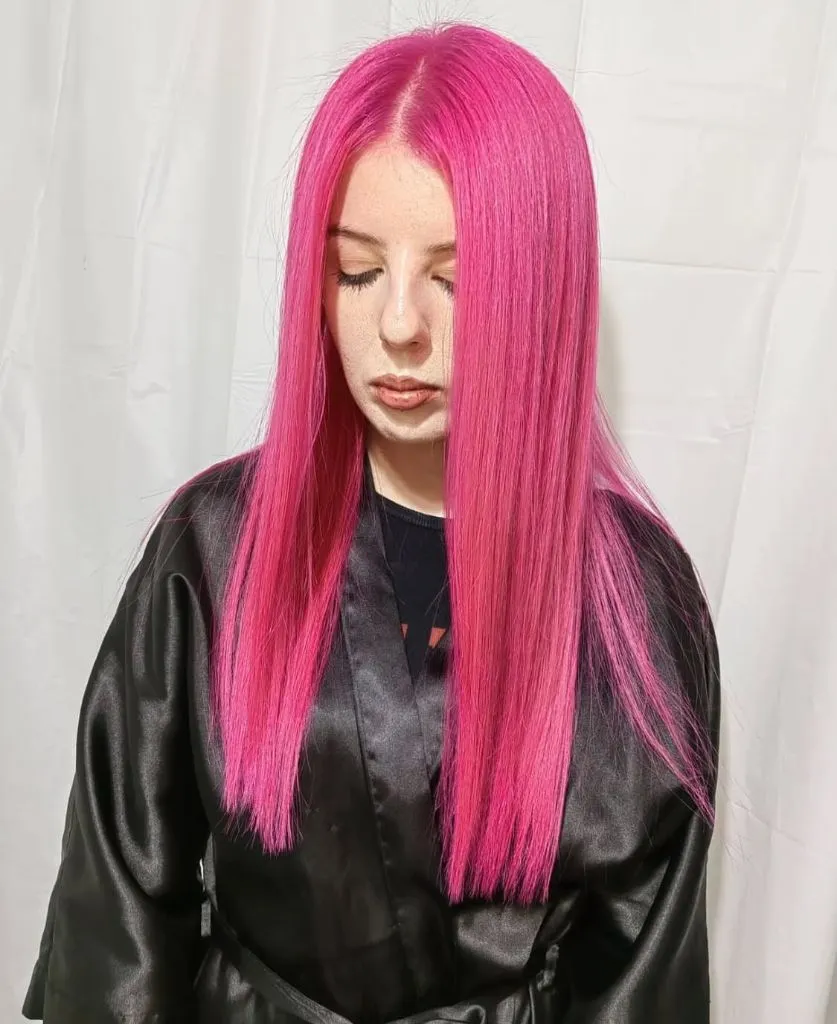 Fall Medium Haircuts 2026 Vivid Hot Pink with Sleek Glass-Like Shine