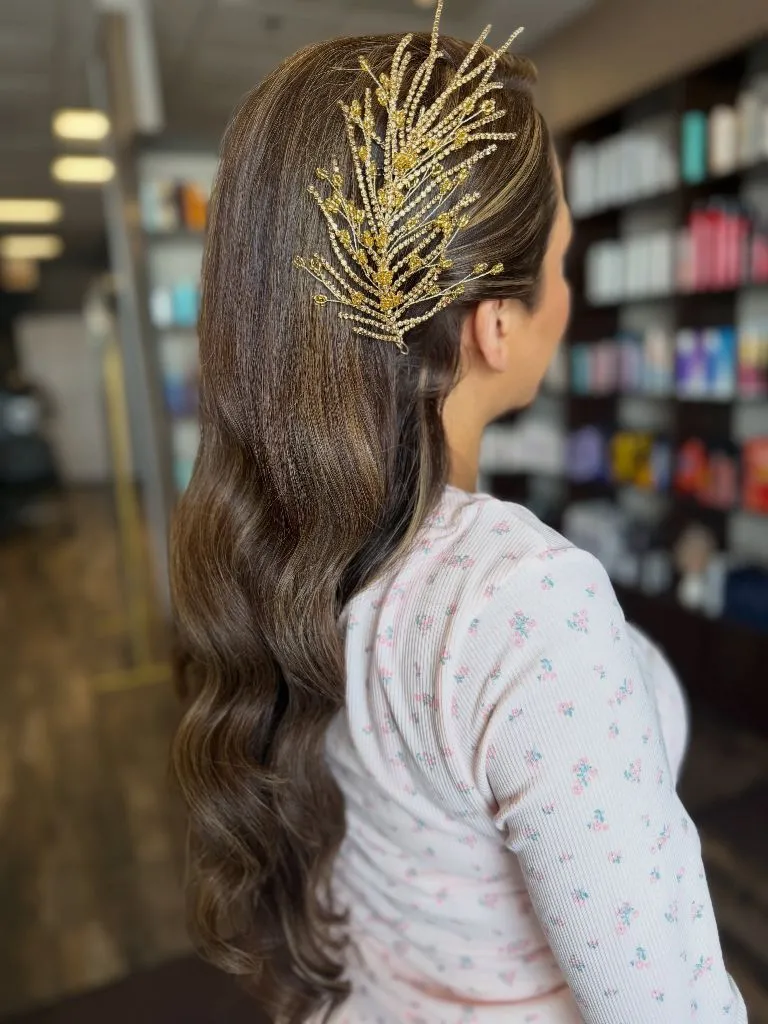 Fall Hairstyles for Office 2026 Old Hollywood Side-Swept Waves with Gold Headpiece