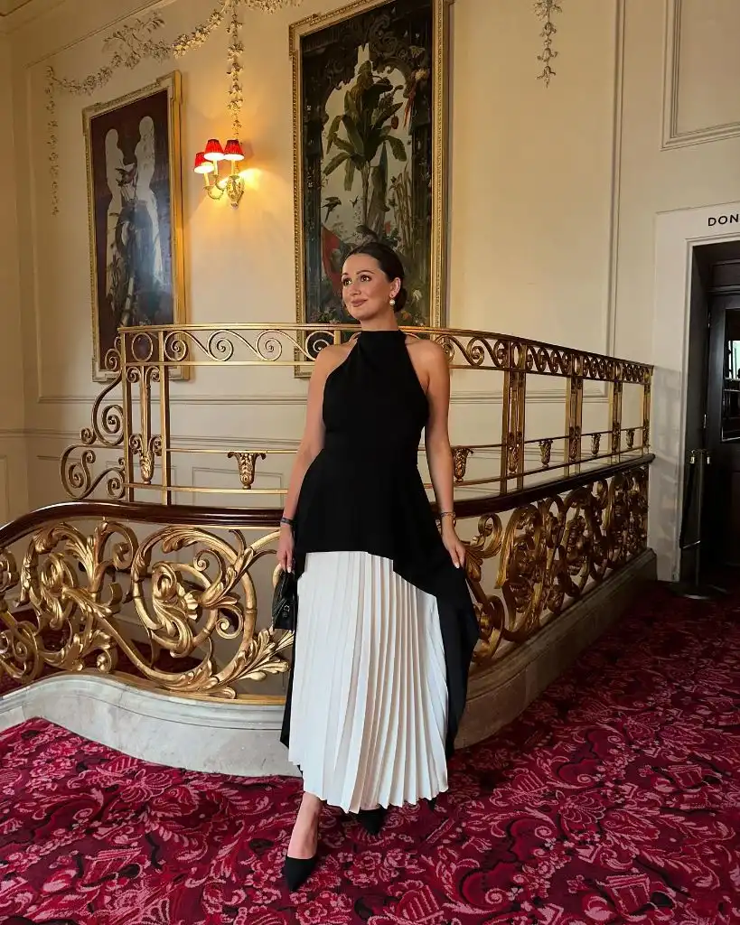 Fall Date Night Outfit - Black Halter Top with White Pleated Midi Skirt