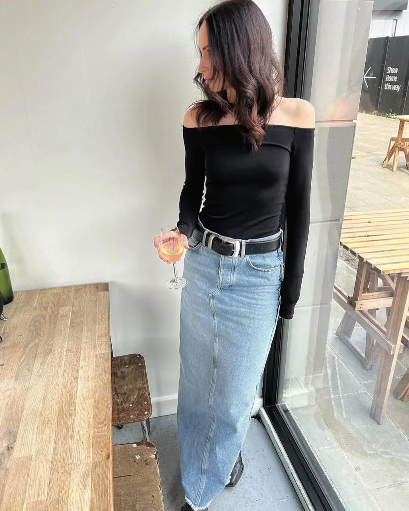 Fall Date Night Outfit - Black Off-Shoulder Top with Light Wash Denim Maxi Skirt