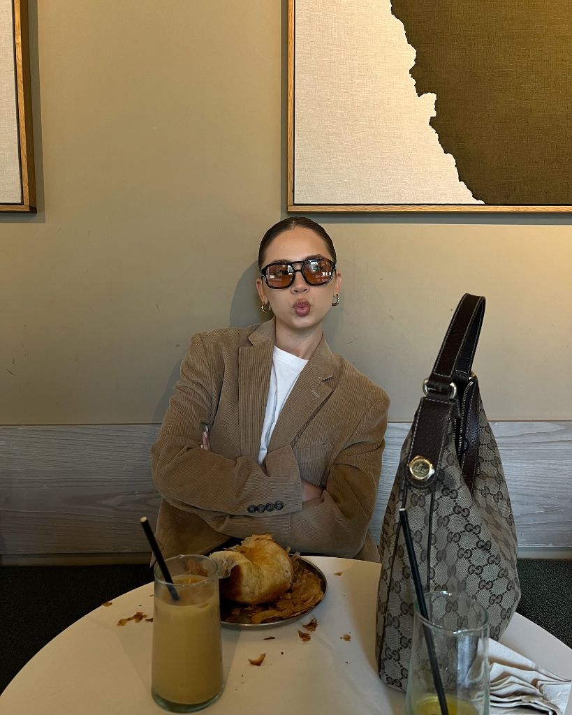 Fall Date Night Outfit - Tan Corduroy Blazer with White Tee and Gucci Hobo Bag