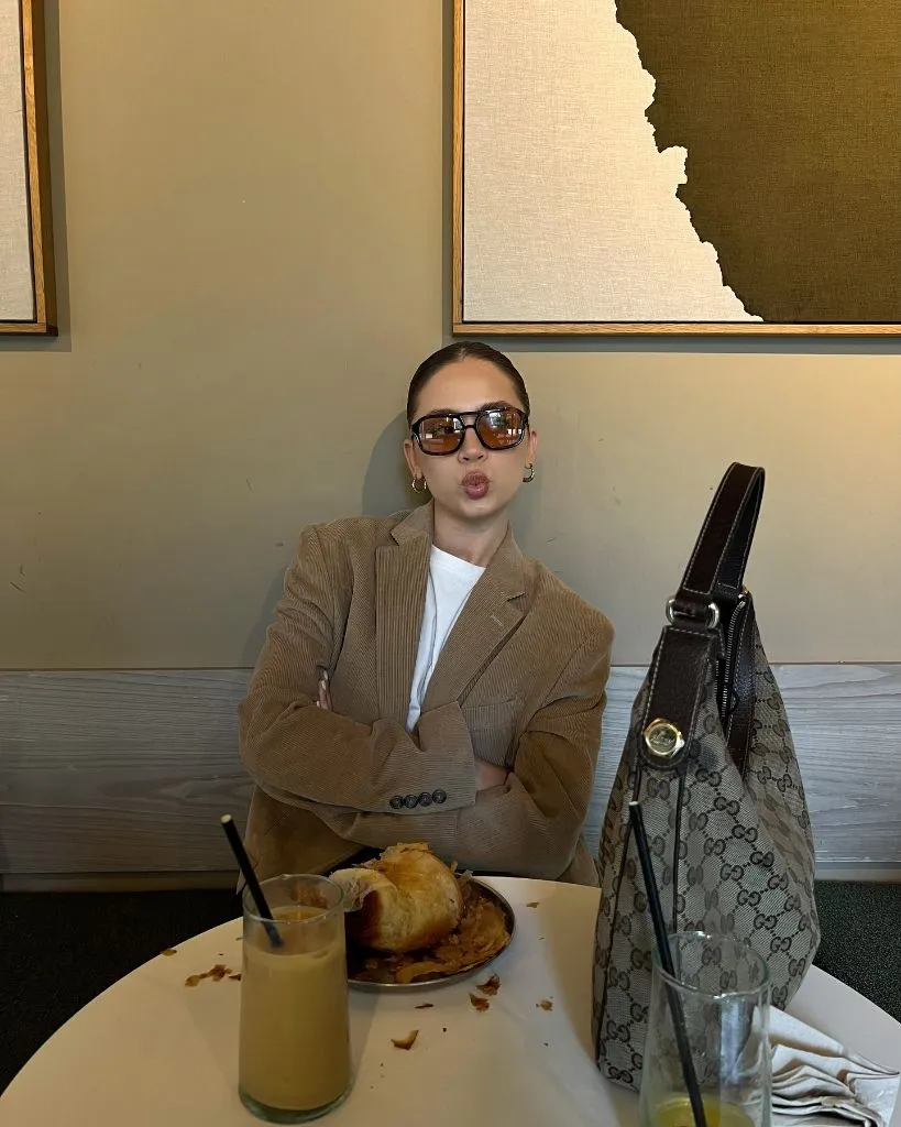 Fall Date Night Outfit - Tan Corduroy Blazer with White Tee and Gucci Hobo Bag