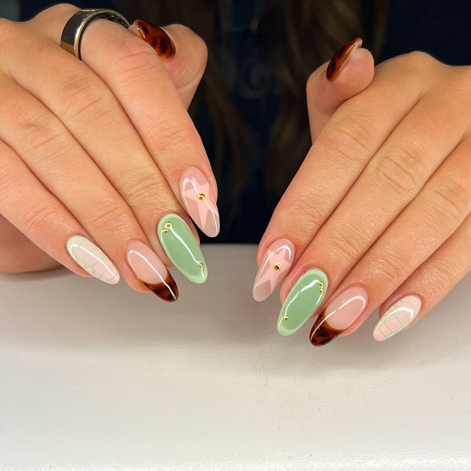 Sage green and tortoiseshell French tip nails with argyle pattern, August nails 2026