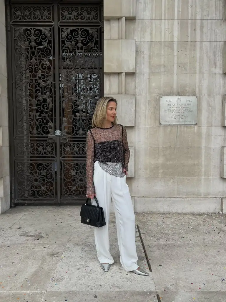 Sheer top and white trousers