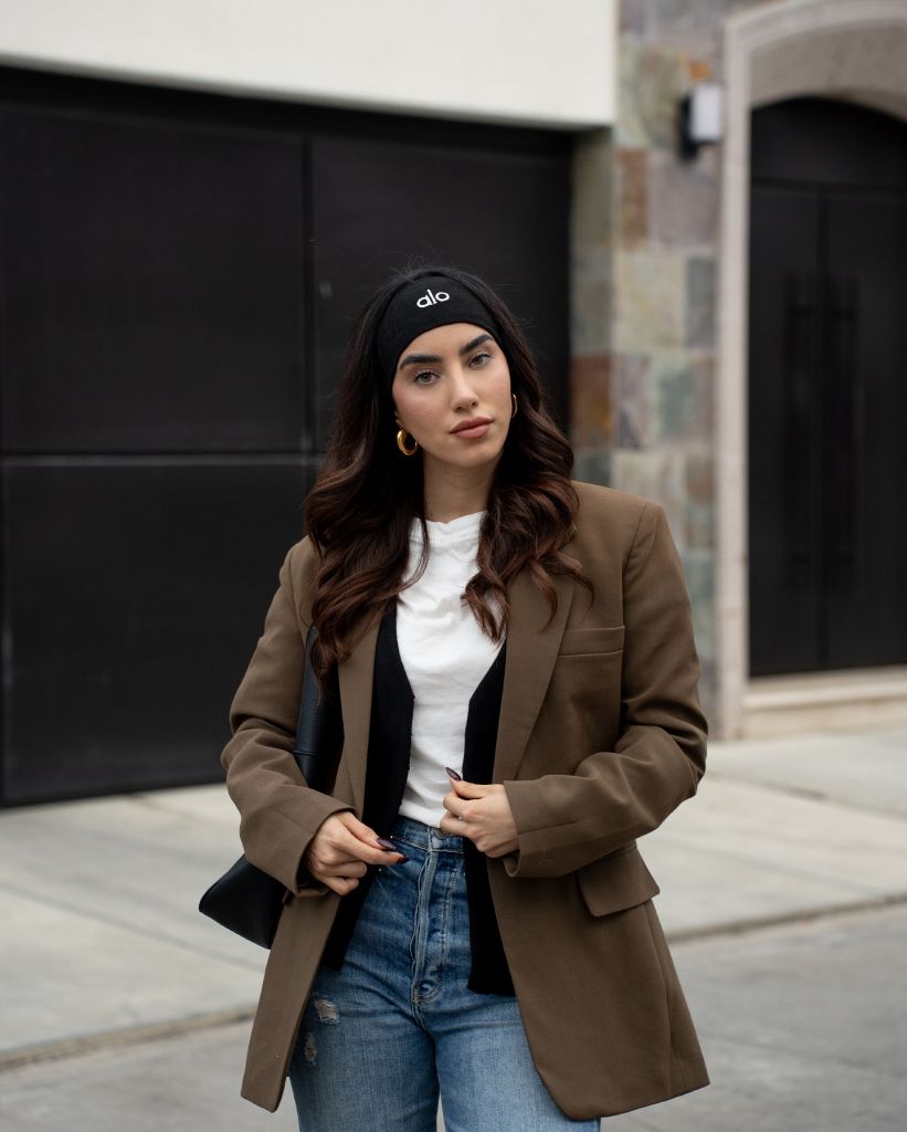 Brown blazer and alo beanie
