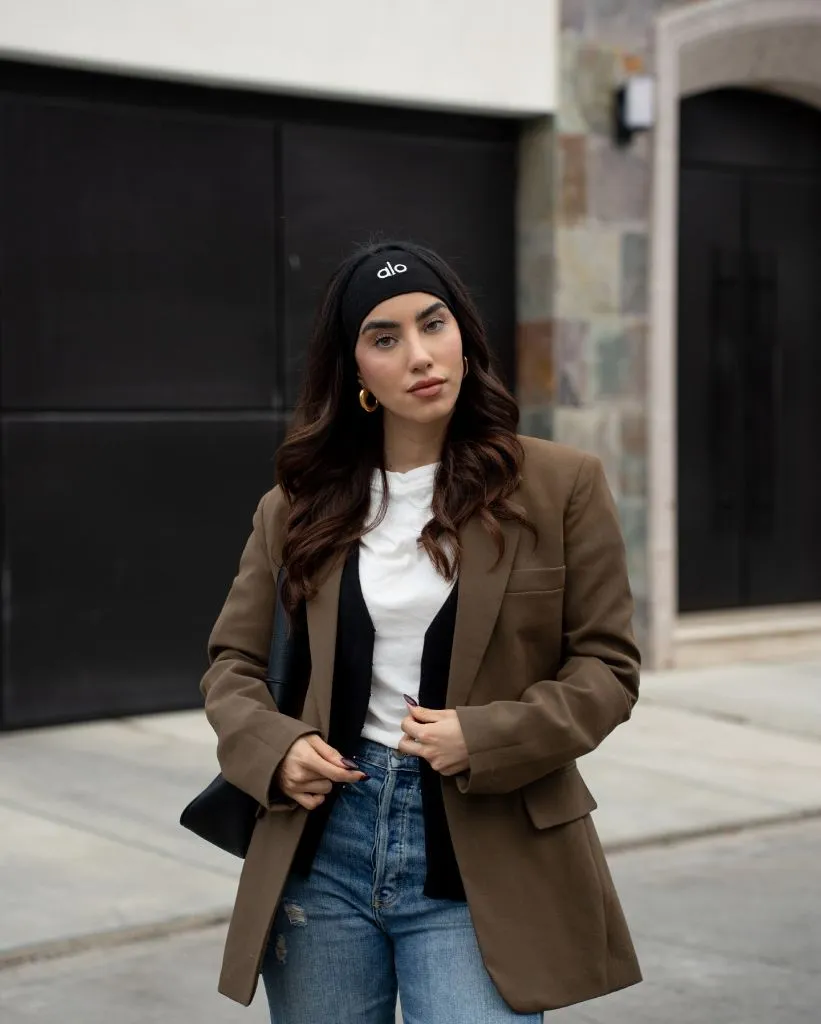 Brown blazer and alo beanie