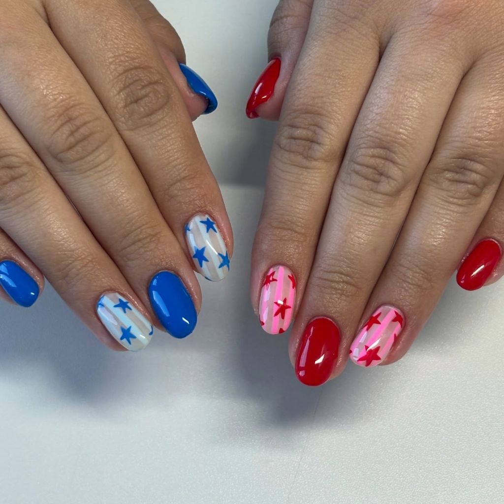 Patriotic red white and blue star nails, perfect August nail design 2026