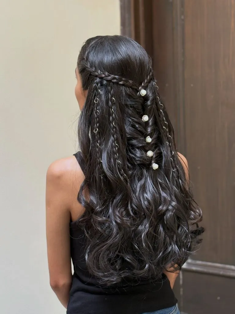 Fall Hairstyles for Office 2026 Bohemian Braided Half-Down with Pearl Accents