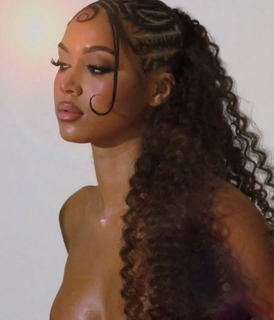 Fall Hair Colors for Black Women 2026 Half-Up Stitch Braids With Curly Ponytail and Laid Edges