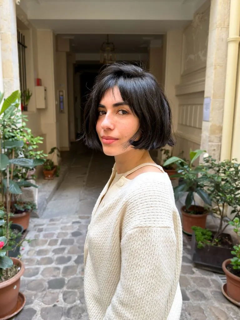 Bobbed Haircut for Women Soft Black French Bob with Wispy Curtain Fringe