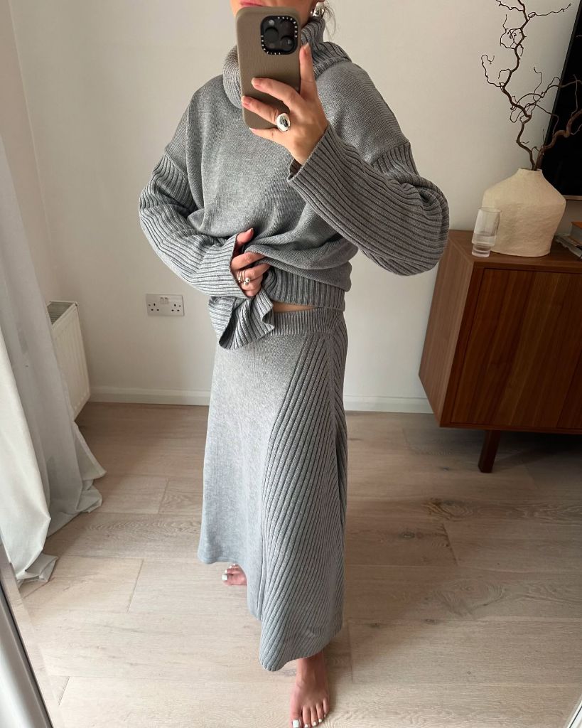 Grey ribbed knit sweater and midi skirt co-ord set