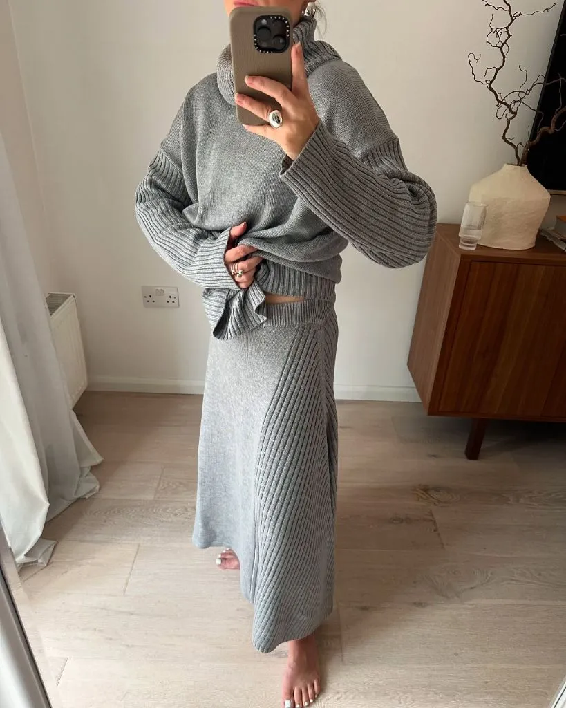 Grey ribbed knit sweater and midi skirt co-ord set