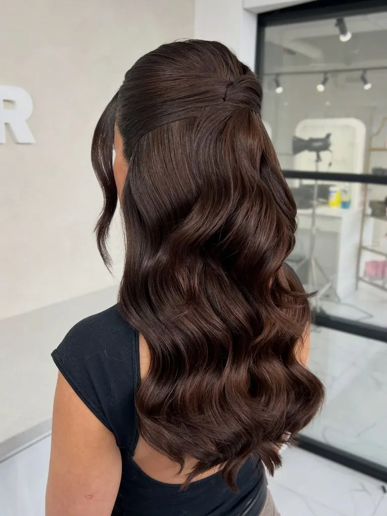 Fall Hairstyles for Wedding Guests 2026 Classic Half-Up Hollywood Waves