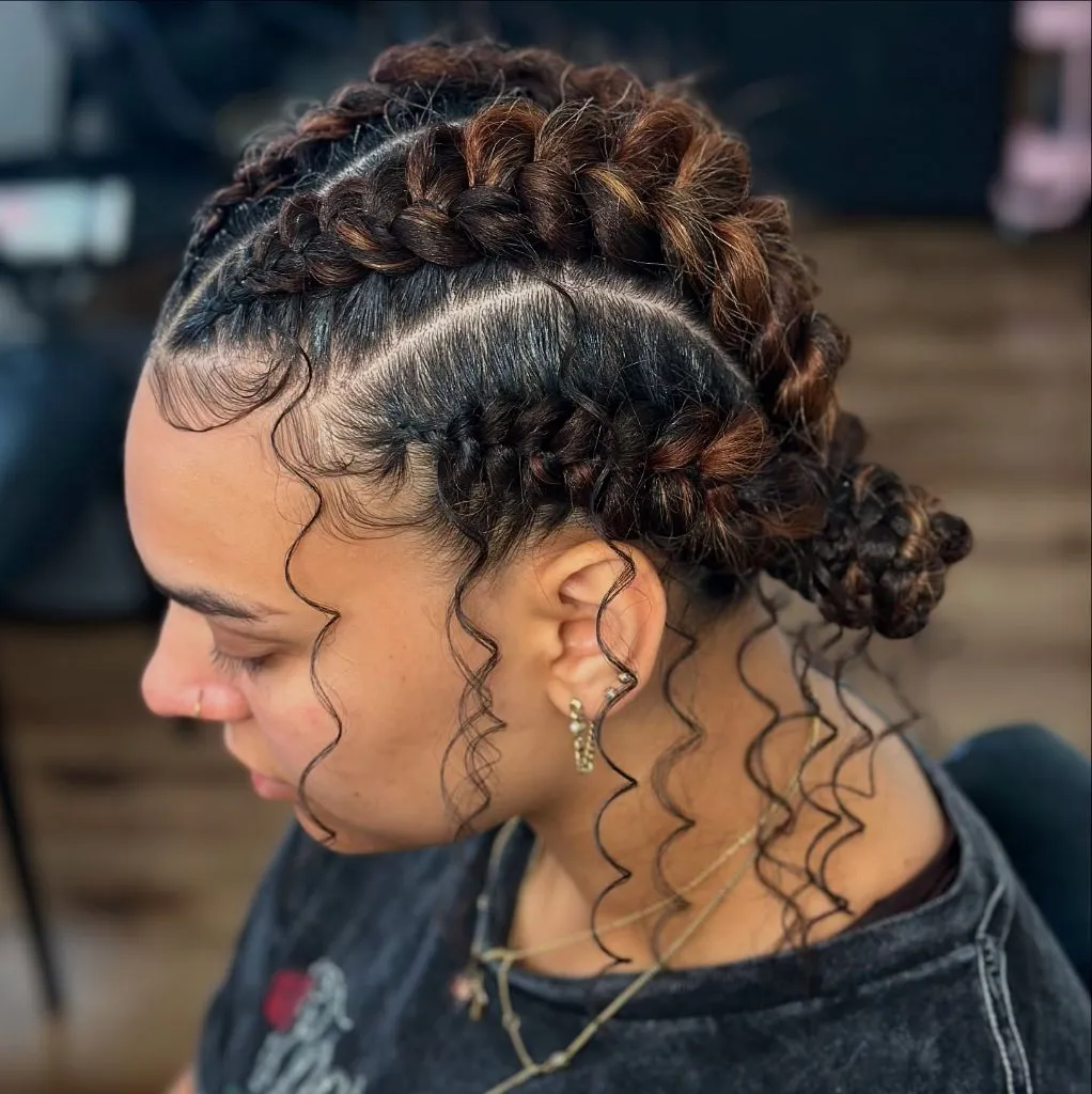 Butterfly Braids Hairstyle Two-Tone Braided Crown with Caramel Highlights and Wavy Tendrils
