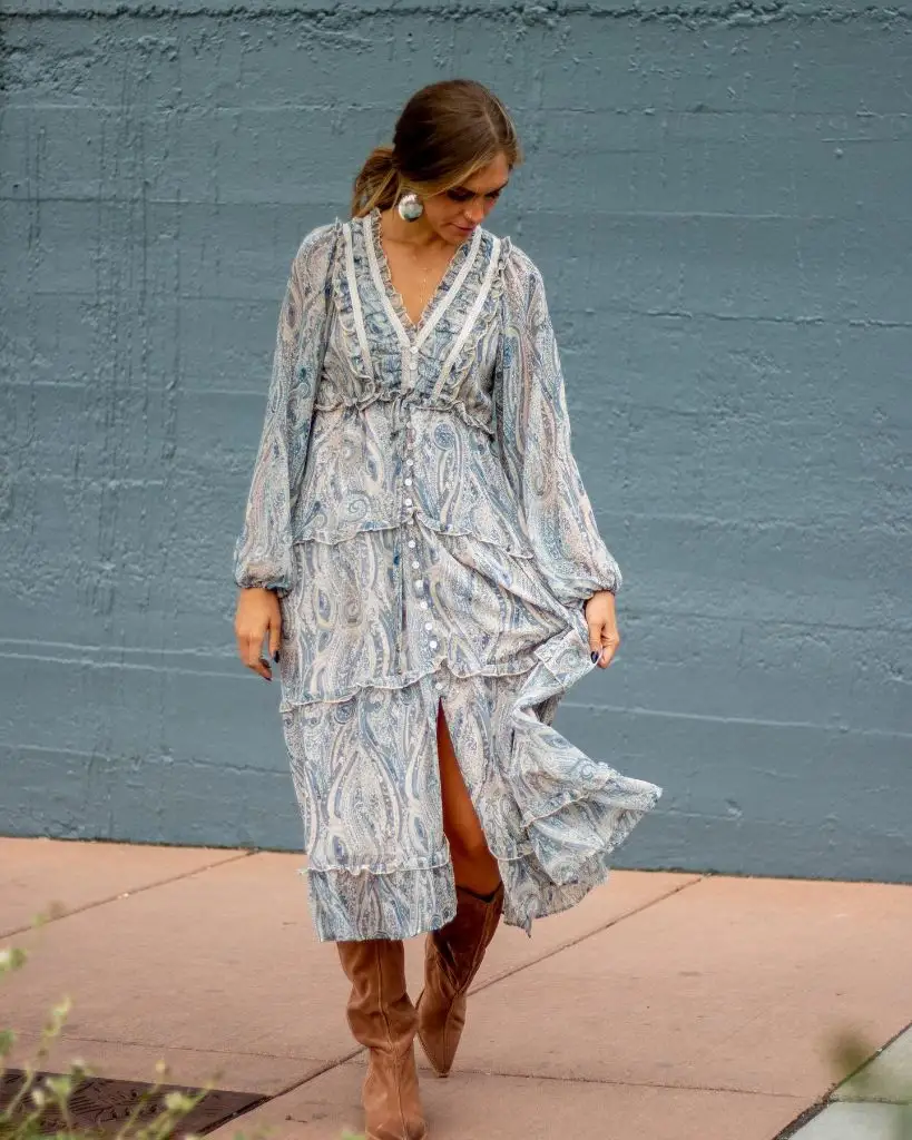 Paisley ruffled midi dress with tall cognac boots