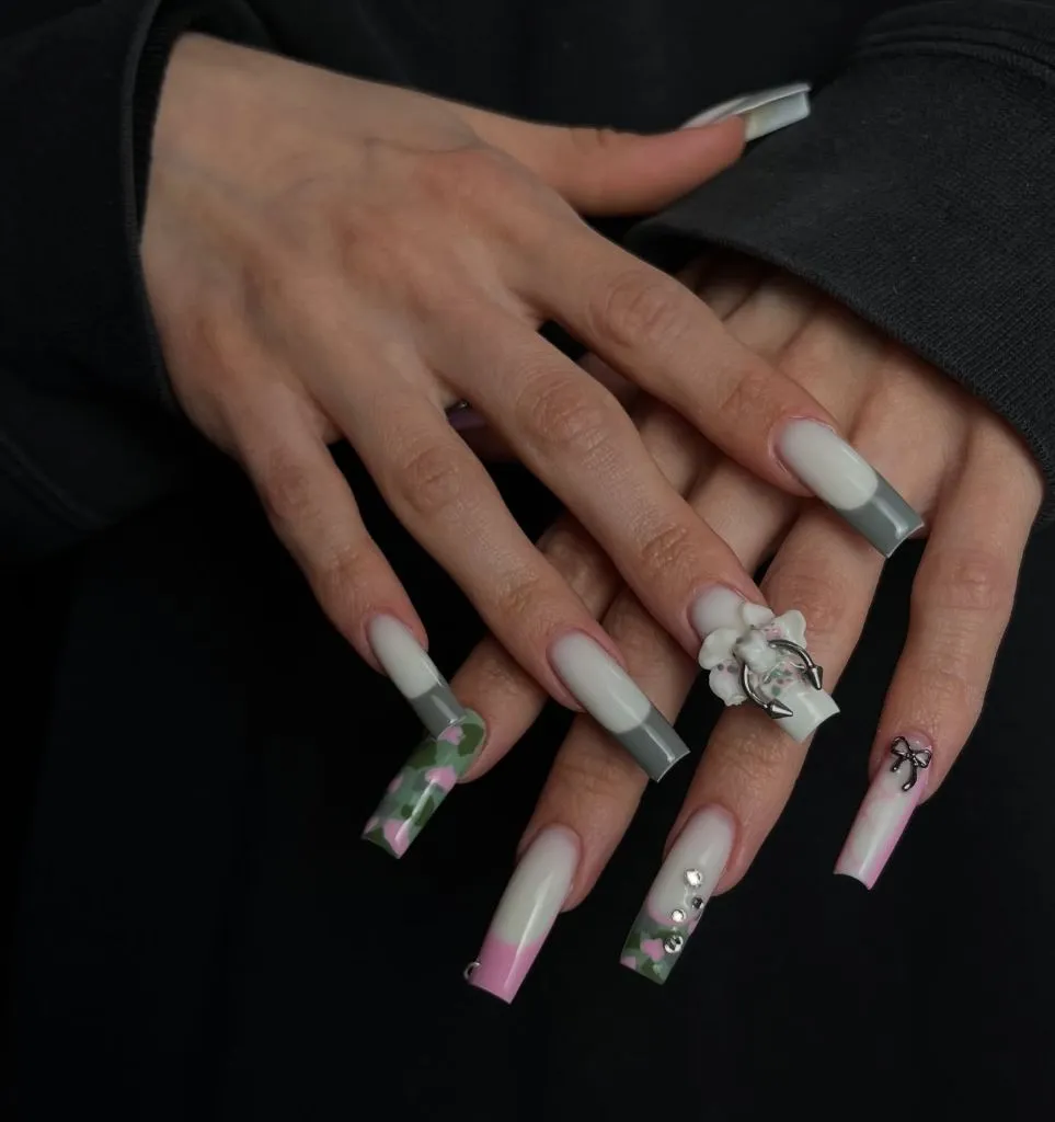 Fall Long Nails 2026 White And Grey Coffin Nails With Camo And 3D Floral Art