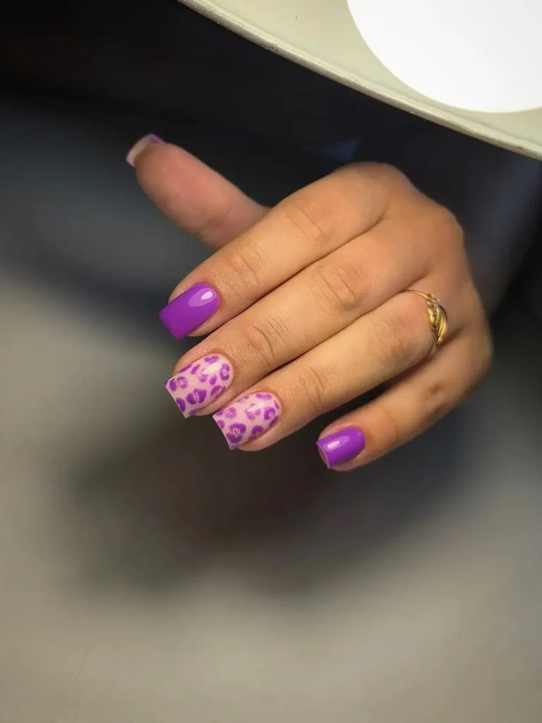 Color First Fall Manicure 2026 Vibrant Purple Leopard Print Accent Nails