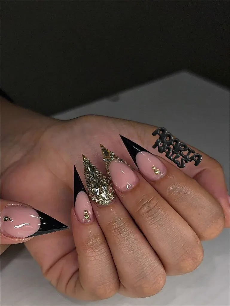 Fall Nail Colors for Dark Skin Black Stiletto Nails With Gold Crystal Cascade