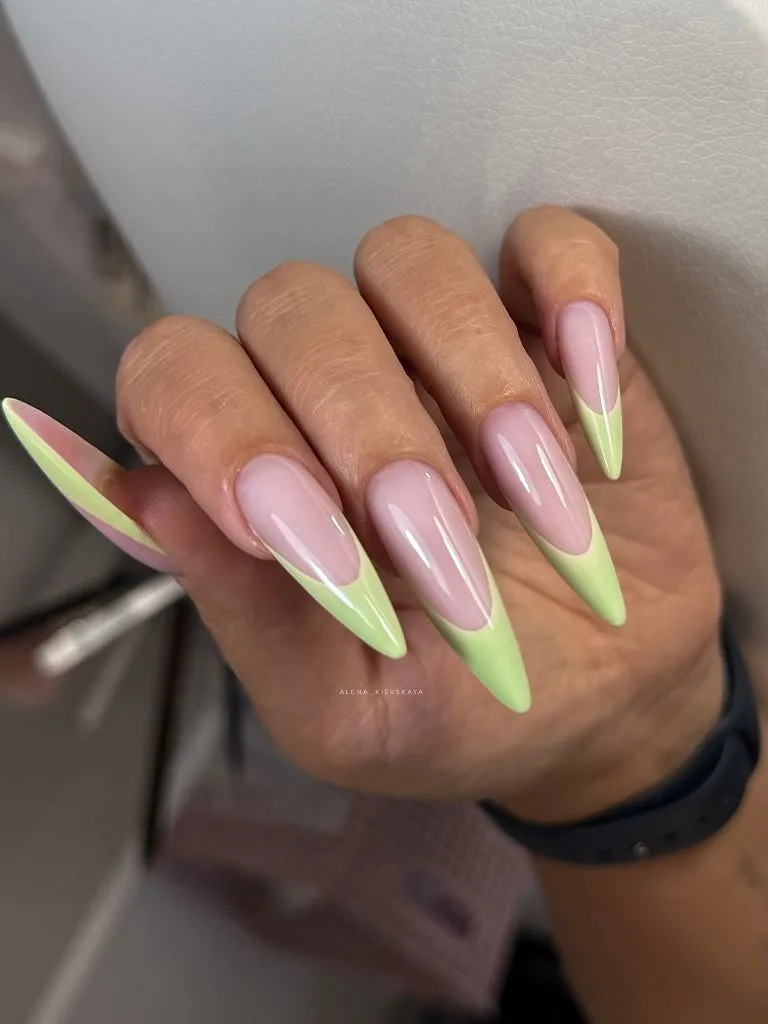 Fall Long Nails 2026 Pastel Green French Tip Almond Nails