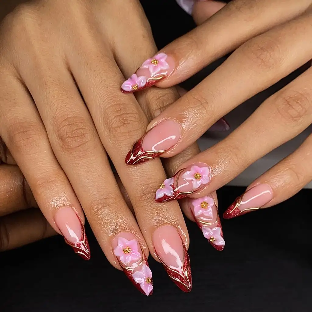 Fall Nail Colors for Dark Skin Red Glitter French Tips With 3D Pink Florals On Almond Nails