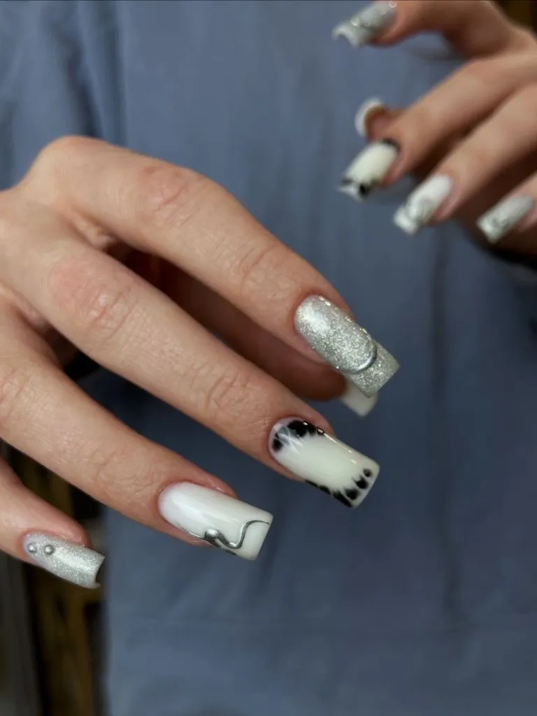 Fall Wedding Nails 2026 Silver Glitter And Monochrome Art On Medium Coffin Nails