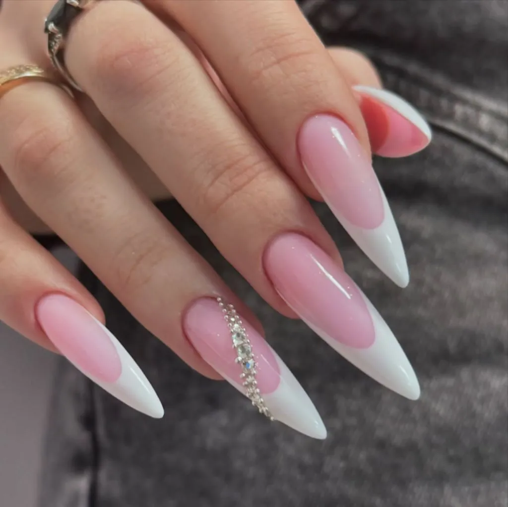 Fall Wedding Nails 2026 Classic French Stiletto With Crystal Line Accent