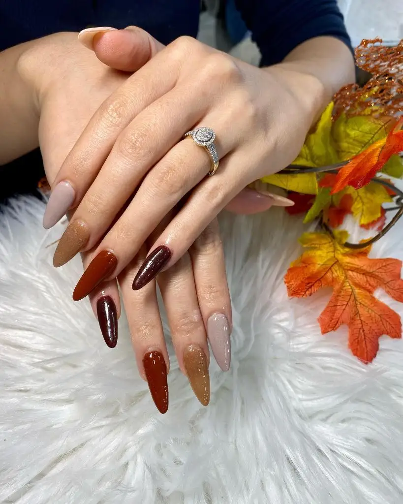 Fall Long Nails 2026 Autumn Gradient Almond Nails In Burgundy Rust And Nude