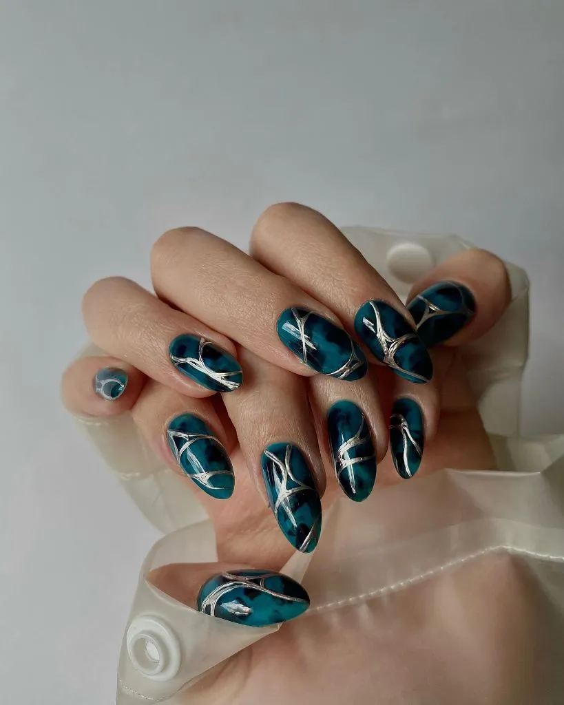 Fall Long Nails 2026 Teal Abstract Nails With Silver Wire Accents