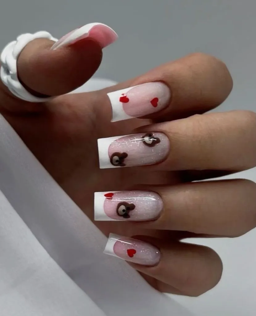 Fall Nail Inspiration 2026 French Tip Square Nails With Teddy Bear and Heart Accents