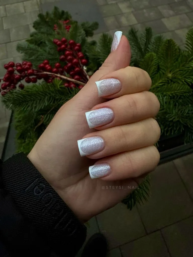 Color First Fall Manicure 2026 Frosted White Shimmer Short Square Nails