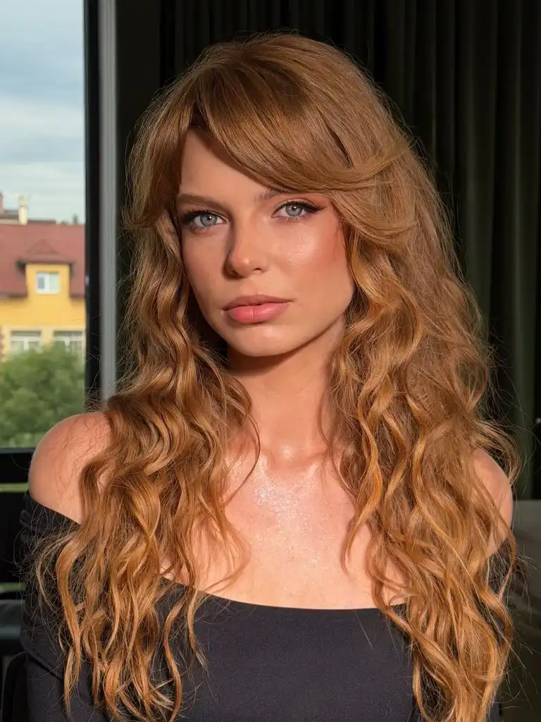 Middle Parting Hairstyles Copper Waves With Curtain Bangs And A Natural Centre Part