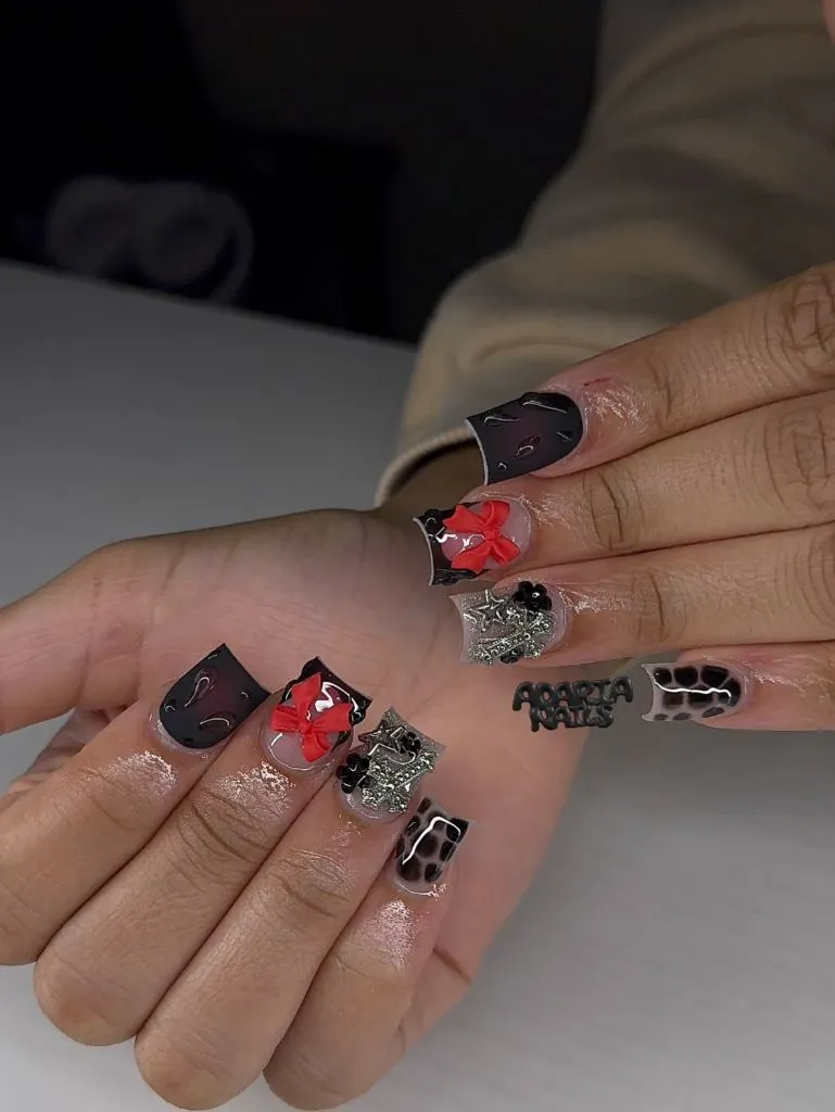 Fall Nail Colors for Dark Skin Mixed Media Short Square Nails With Red Bows And Leopard Print