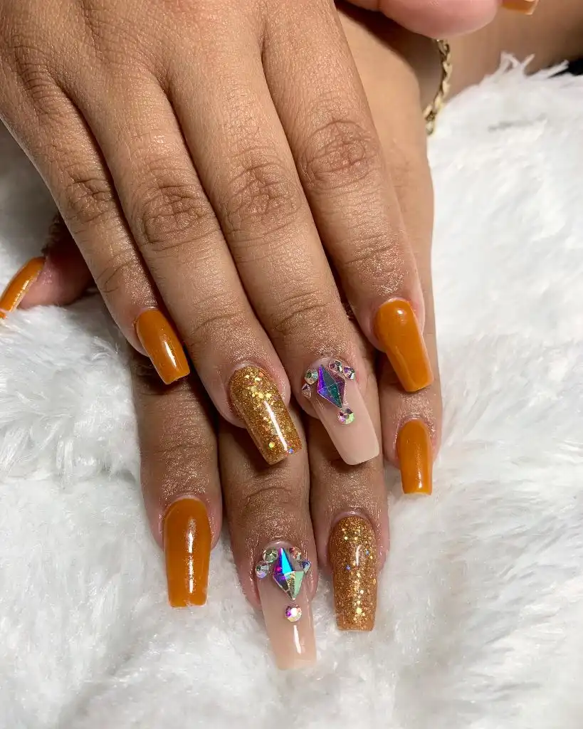 Fall Long Nails 2026 Burnt Orange Coffin Nails With Gold Glitter And Crystal Accents