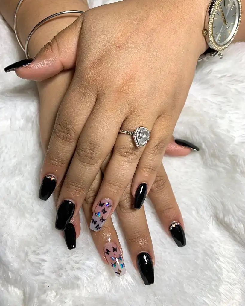 Fall Long Nails 2026 Black Coffin Nails With Holographic Butterfly Accent