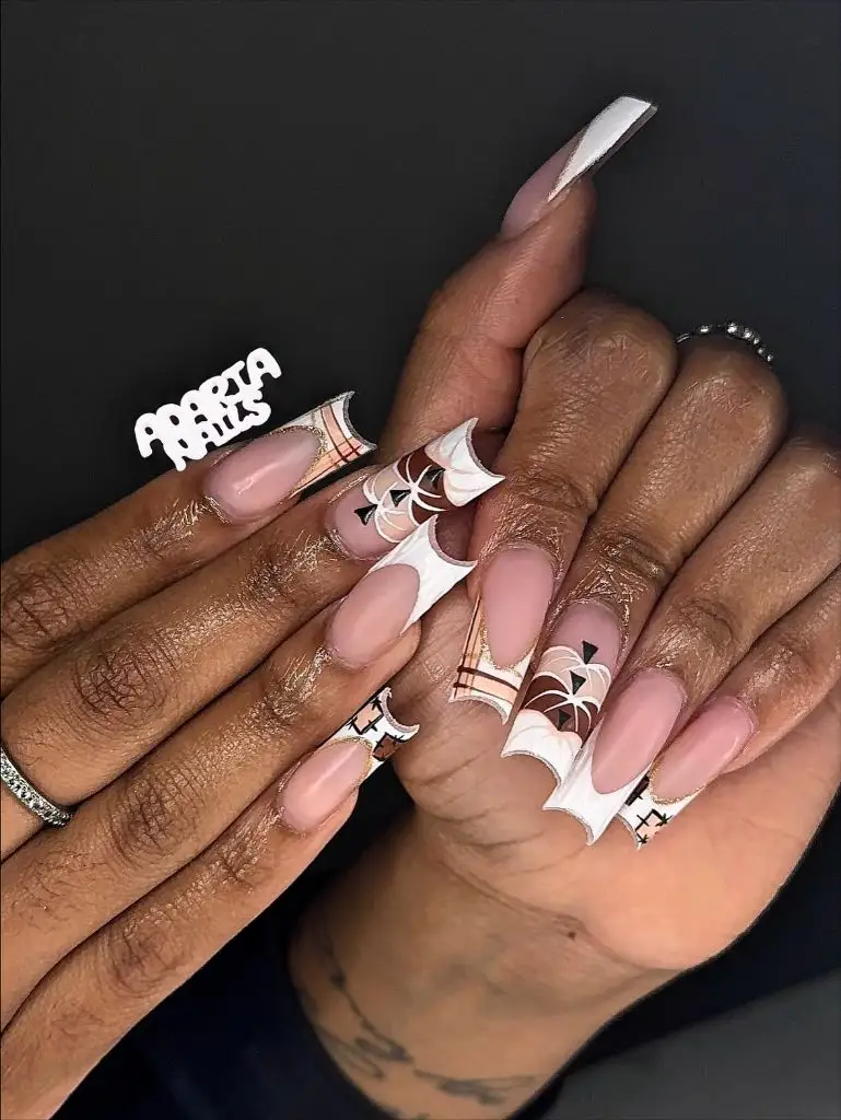 Fall Nail Colors for Dark Skin Nude And White Coffin Nails With Geometric Pumpkin Art